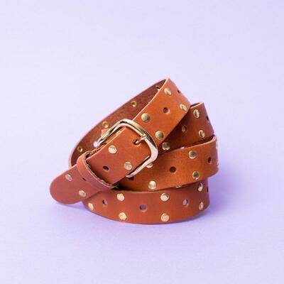 Pinned by K 5159/Cognac Leather belt Gold Studs